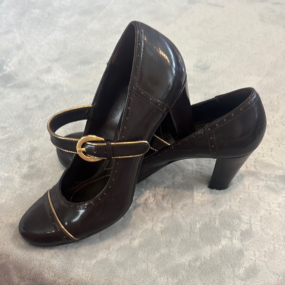 Tahari Mary Jane Heels in Dark Brown with Gold Trim